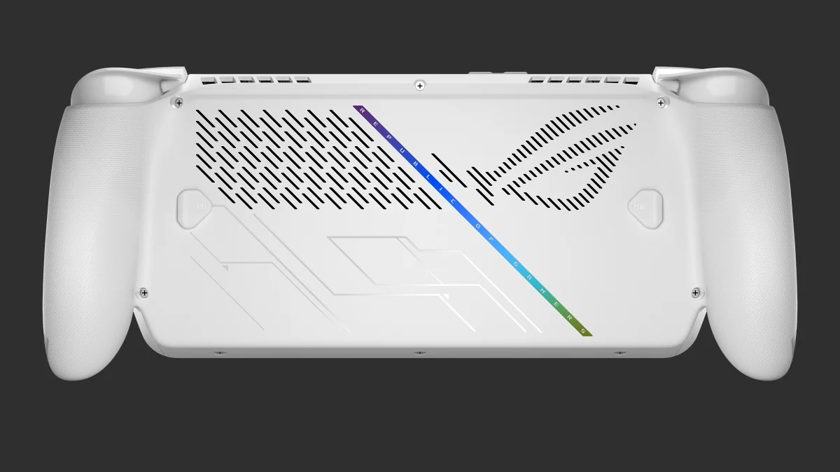 Spatele consolei ASUS ROG Xbox Ally albe, cu grilele de aerisire și cele două mânere conturate