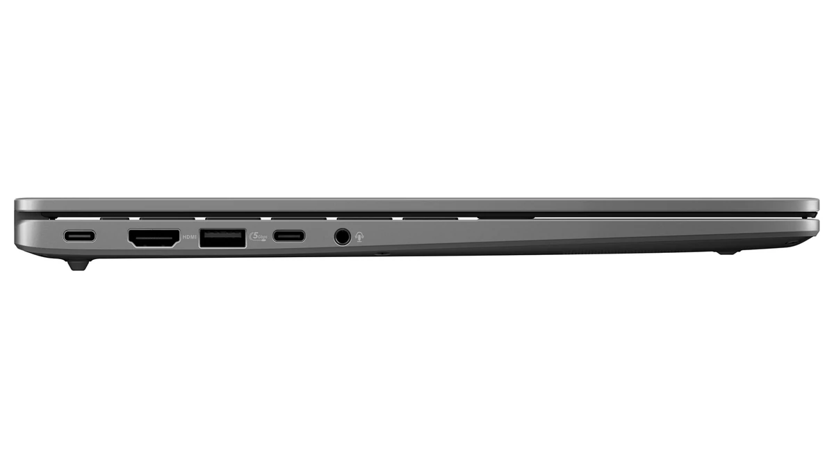 Partea laterală a laptopului ASUS Vivobook S14 S3407VA, cu două porturi USB-C, HDMI, un port USB-A și mufa audio