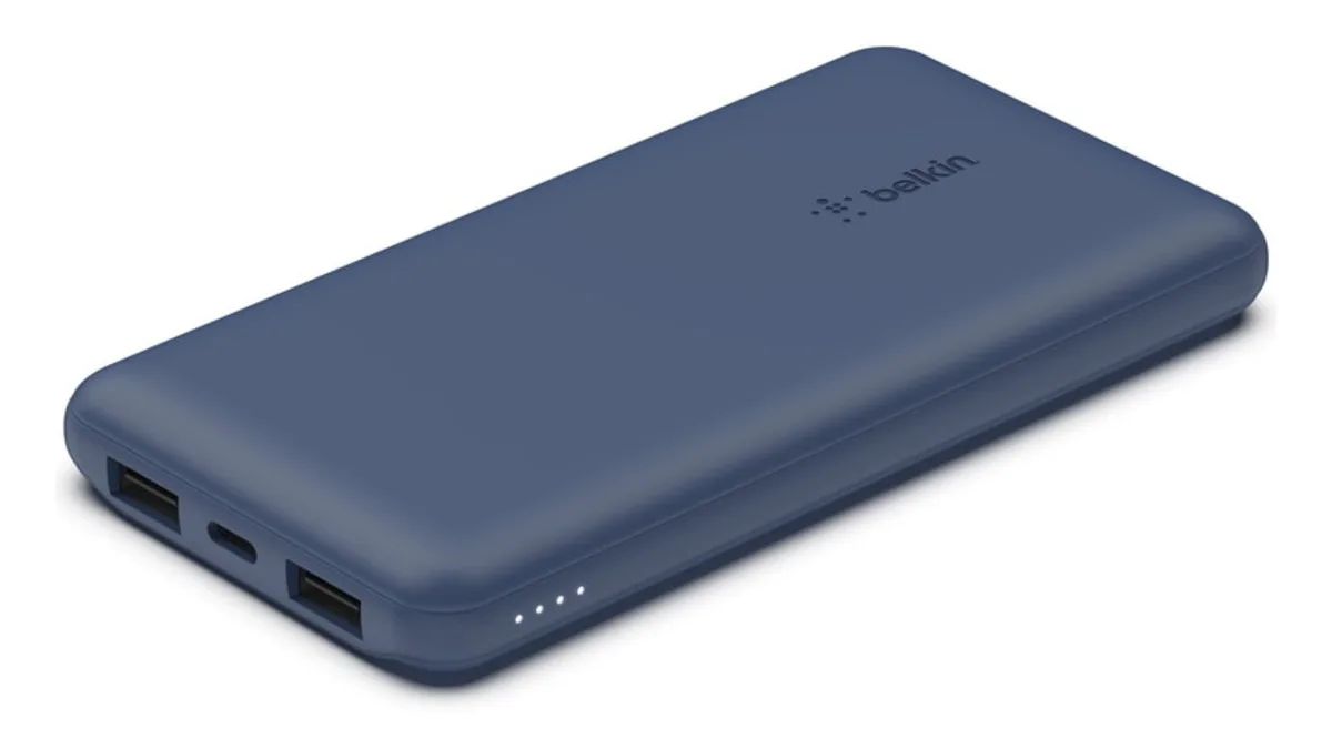 Baterie externă Belkin BoostCharge 10K, albastră, cu două porturi USB-A și un port USB-C