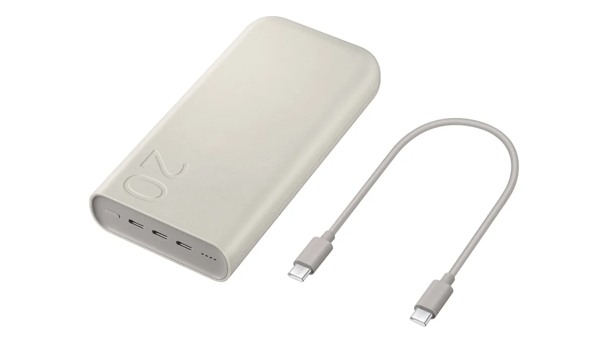 Baterie externă Samsung de 20.000 mAh, bej, cu trei porturi