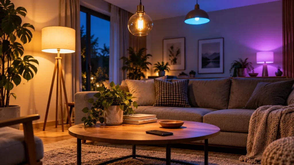 Un living modern seara, luminat de becuri smart în alb cald, mov și albastru, cu o canapea gri, plante și o măsuță rotundă de lemn