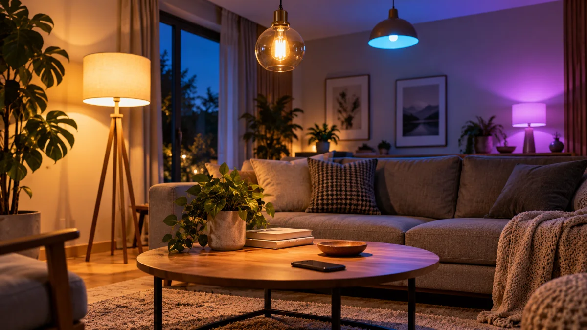 Un living modern seara, luminat de becuri smart în alb cald, mov și albastru, cu o canapea gri, plante și o măsuță rotundă de lemn