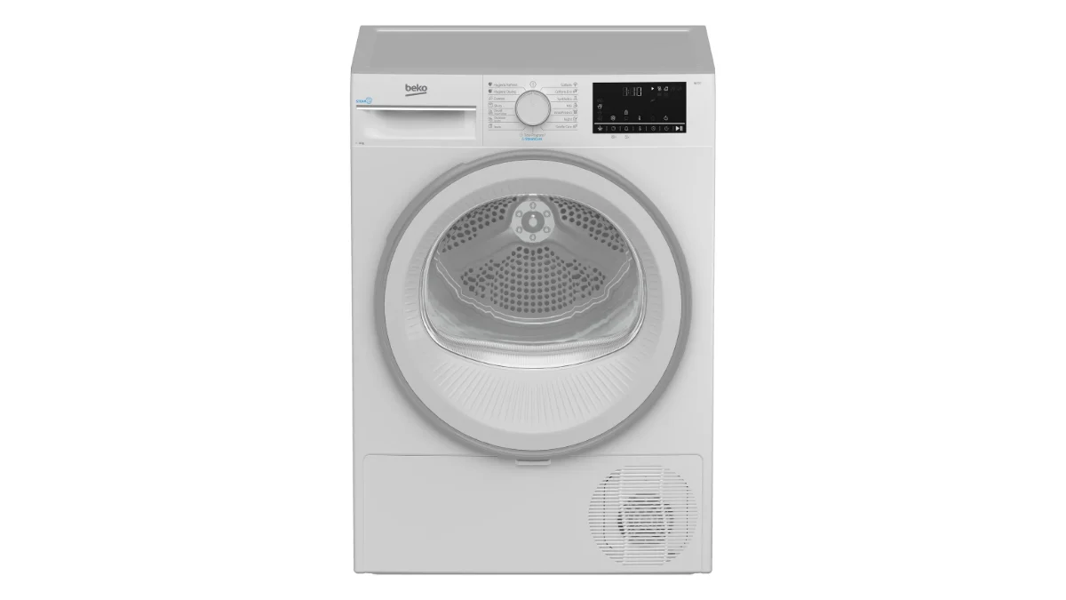Uscătorul de rufe Beko B3T42242, alb, cu hublou transparent, văzut din față