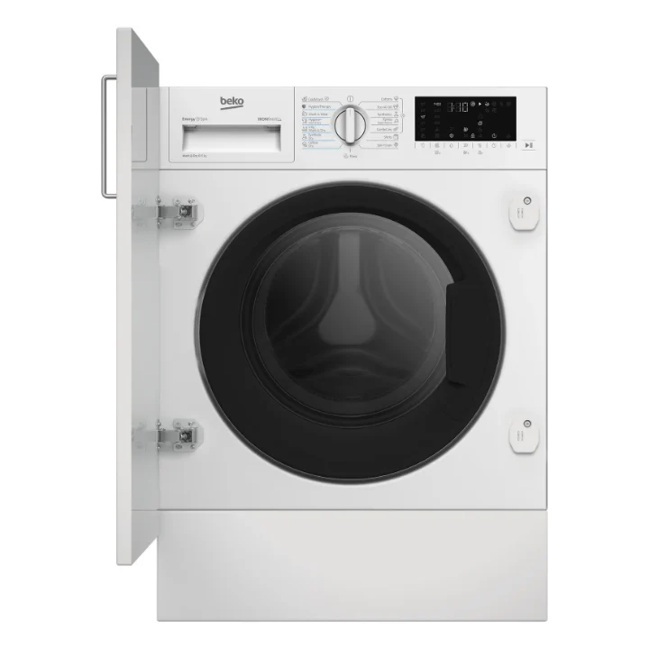 Mașina de spălat rufe cu uscător incorporabilă Beko B5DBT68547W, albă, văzută din față