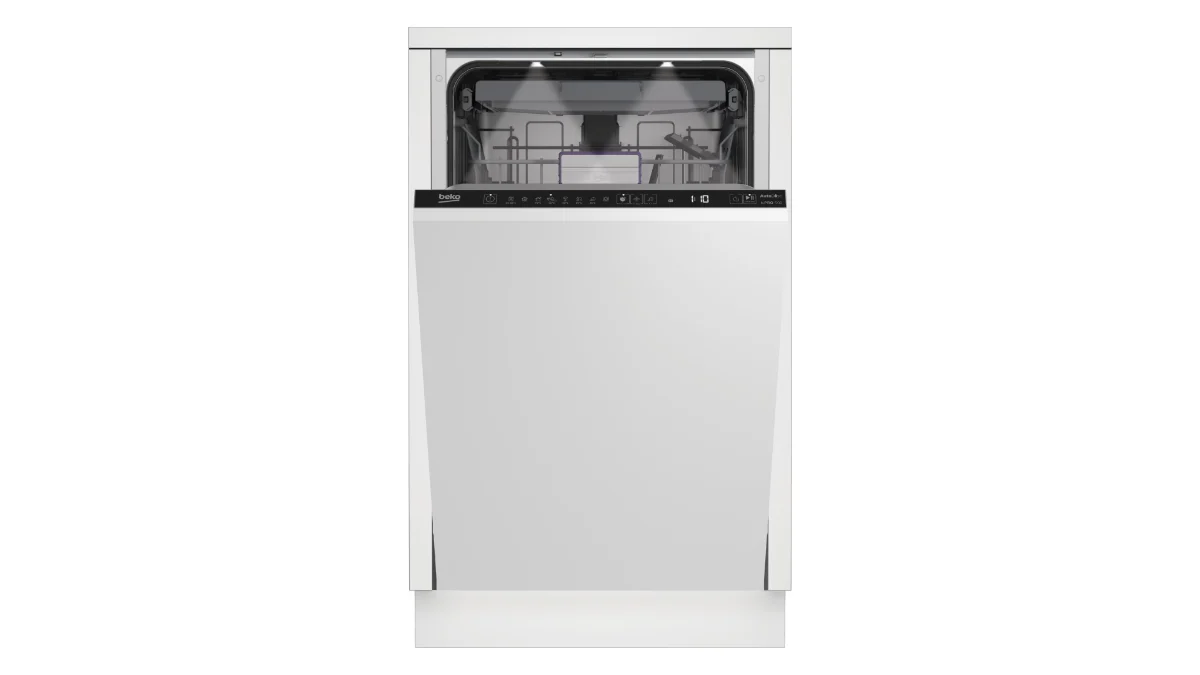Mașina de spălat vase încorporabilă Beko BDIS38040A, văzută din față, cu ușa deschisă și coșurile goale