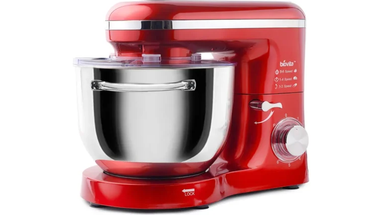 Mixerul cu bol Biovita MB-1500PRO, roșu, cu bolul din inox de 6 litri montat sub capul ridicat