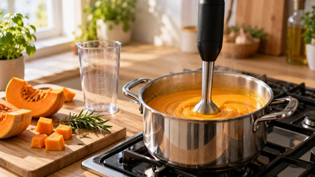 Un blender vertical negru, fără marcă, cufundat într-o oală de inox cu supă cremă de dovleac, pe aragaz, lângă bucăți de dovleac și un pahar gradat