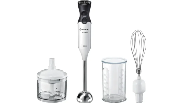 Blenderul vertical Bosch ErgoMixx MS6CA4150, alb cu antracit, cu minitocătorul, paharul gradat și telul alături