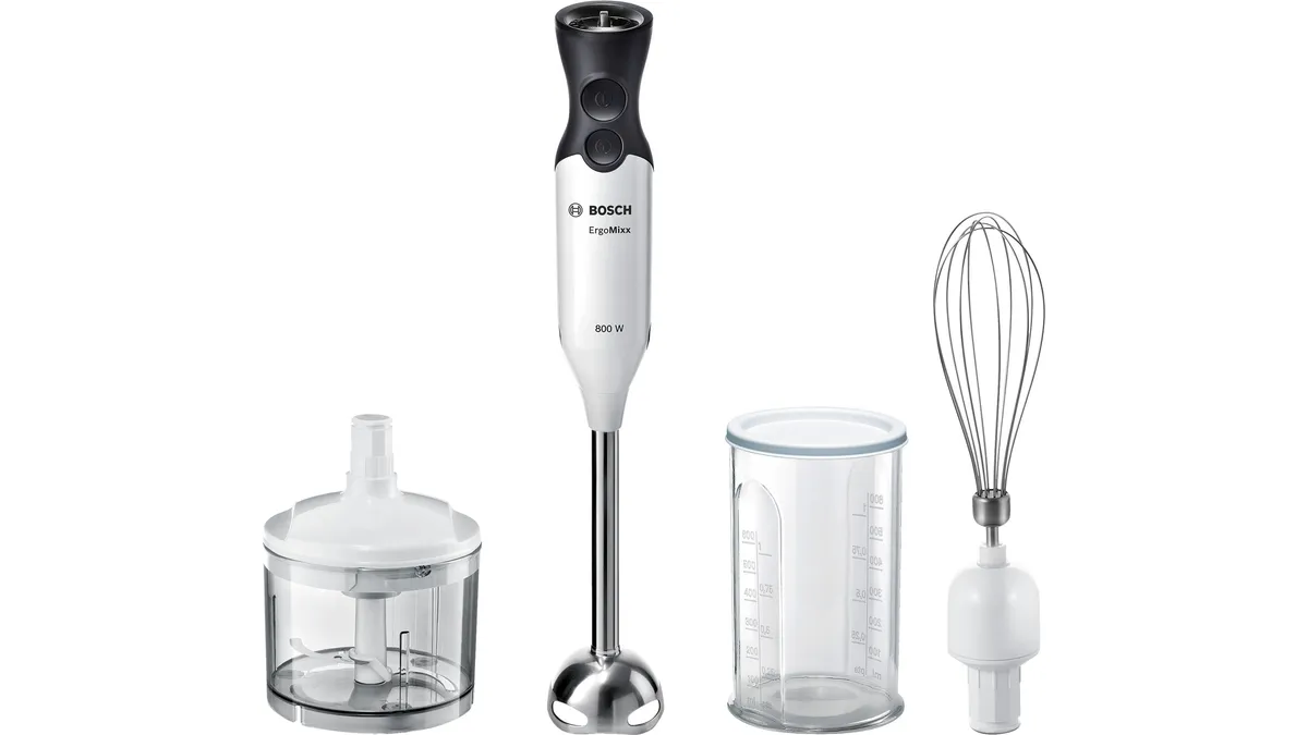 Blenderul vertical Bosch ErgoMixx MS6CA4150, alb cu antracit, cu minitocătorul, paharul gradat și telul alături