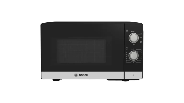 Cuptorul cu microunde Bosch FFL020MS2, negru cu bandă de inox, văzut din față, cu două butoane rotative