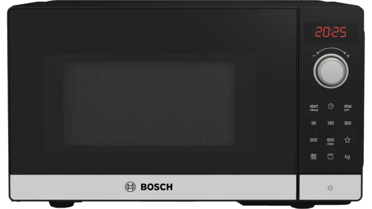 Cuptorul cu microunde Bosch Seria 2 FEL023MS2, negru cu bandă de inox, văzut din față, cu afișajul roșu și butonul rotativ