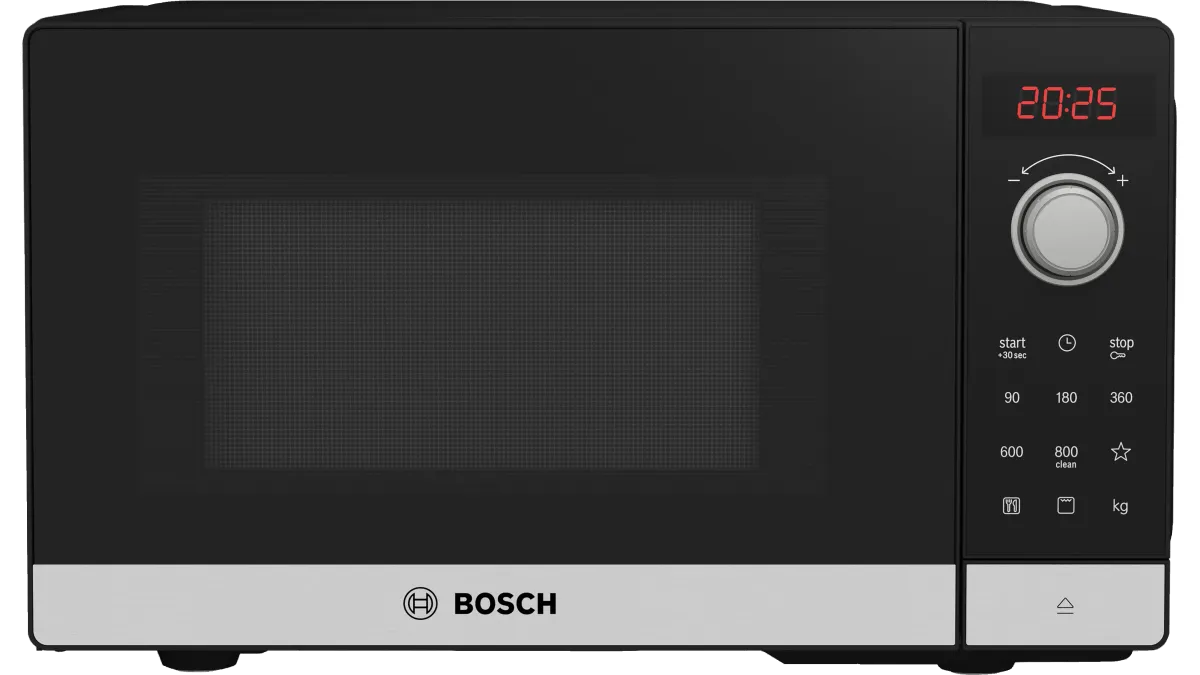 Cuptorul cu microunde Bosch Seria 2 FEL023MS2, negru cu bandă de inox, văzut din față, cu afișajul roșu și butonul rotativ