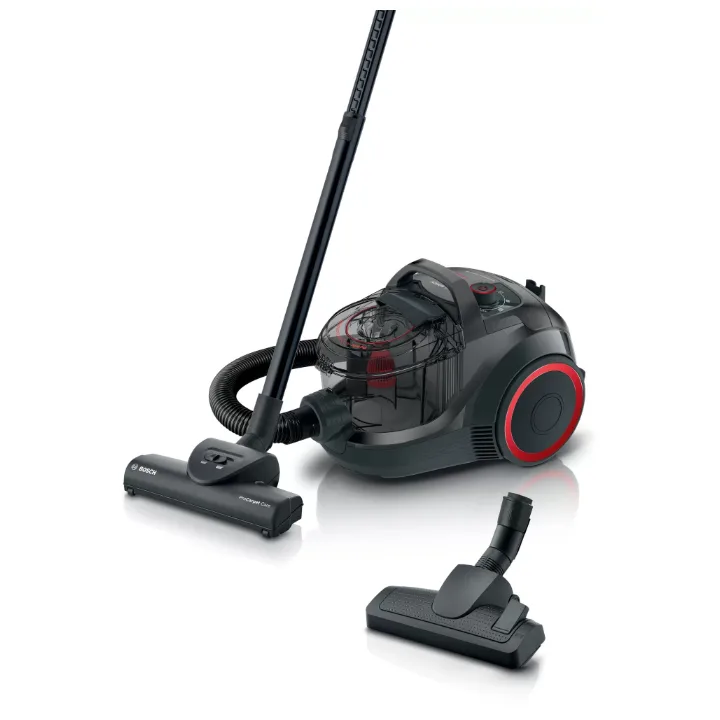 Aspiratorul fără sac Bosch Serie 4 BGC21POW1, negru cu roșu, cu perie și duză