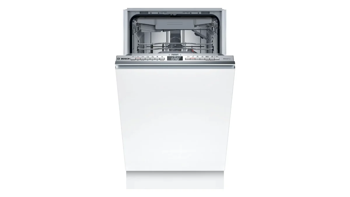 Mașina de spălat vase Bosch SPV4EMX17E, încorporată sub blatul unei bucătării, cu ușa deschisă și coșurile goale