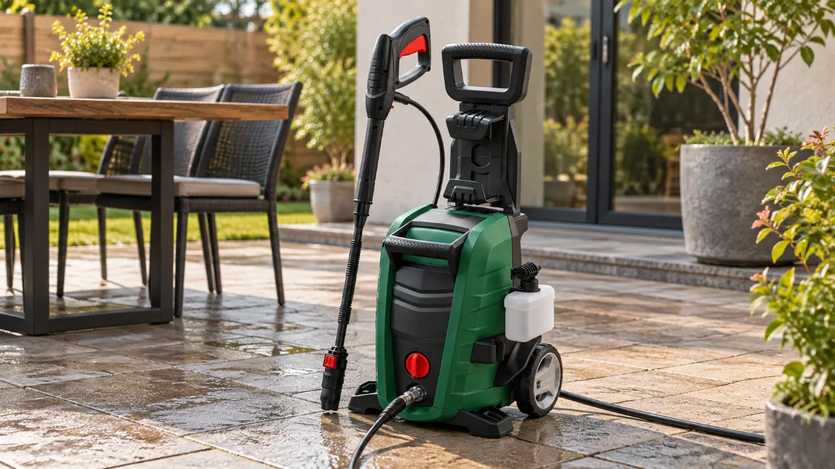 Un aparat de spălat cu presiune verde cu negru, cu mâner înalt și roți, ca Bosch UniversalAquatak 135, pe o terasă cu dale