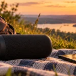 Boxă portabilă neagră pe o pătură de picnic, lângă un rucsac și un telefon, la apus