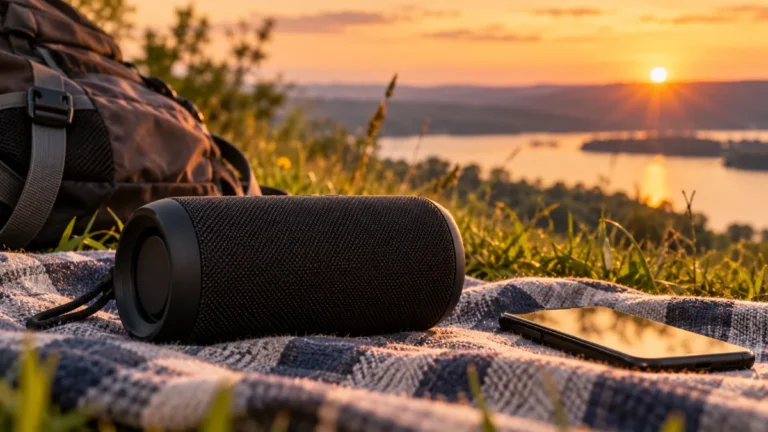 Boxă portabilă neagră pe o pătură de picnic, lângă un rucsac și un telefon, la apus