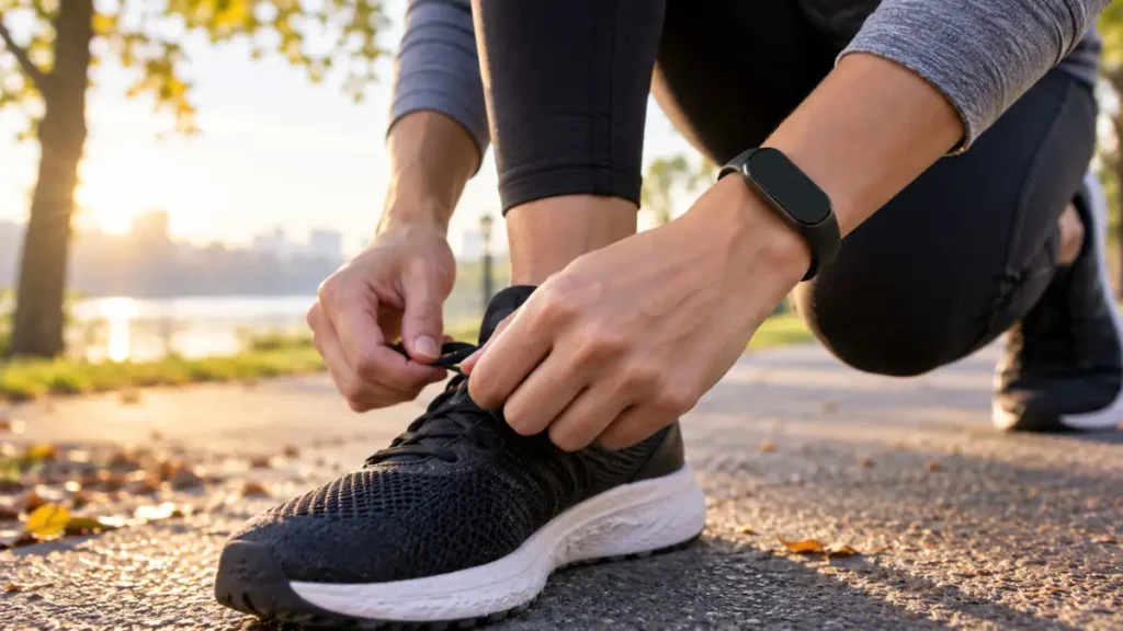 O brățară de fitness neagră, fără marcă, la încheietura unei persoane care își leagă șiretul înaintea unei alergări în parc