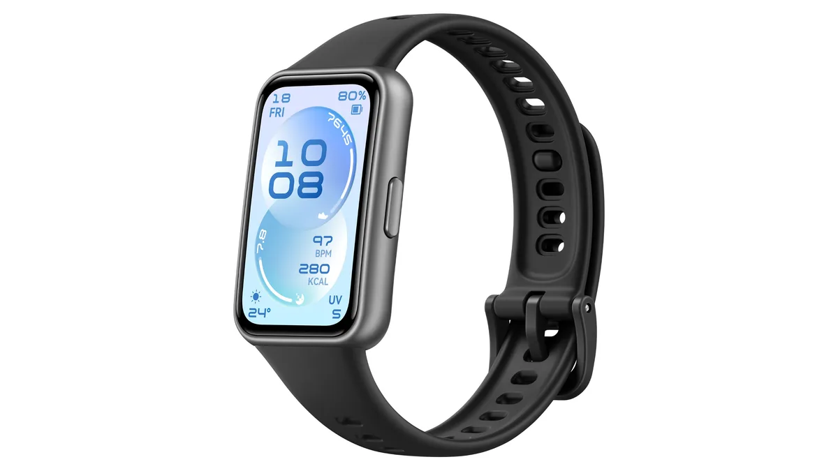 Brățara HUAWEI Band 11 neagră, cu ecranul AMOLED pornit și butonul lateral vizibil