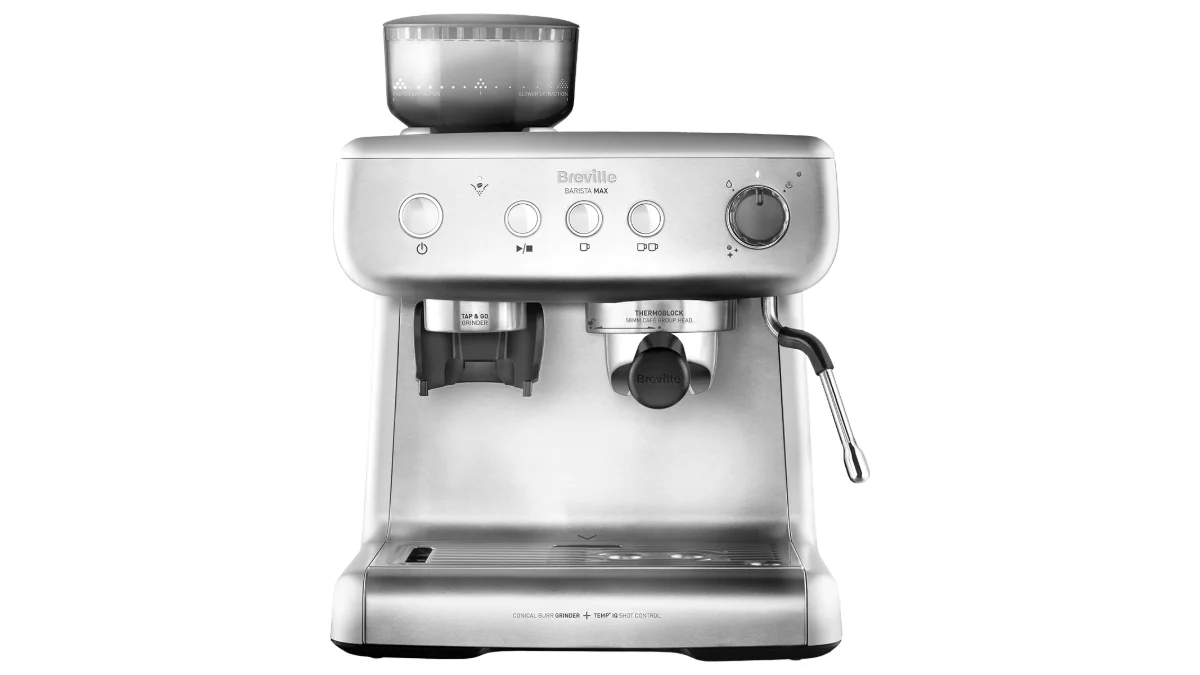 Espressorul Breville Barista Max VCF126X argintiu, văzut din față, cu râșnița și recipientul pentru boabe deasupra
