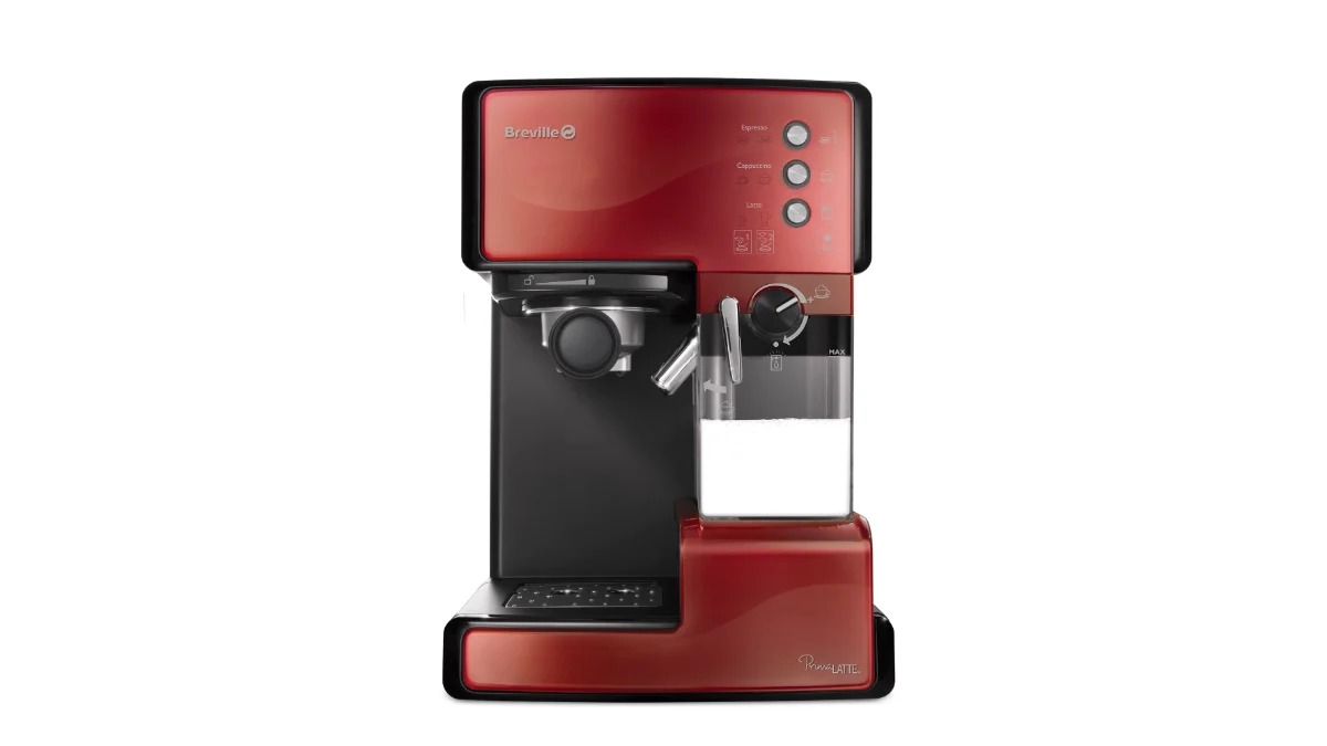 Espressorul Breville Prima Latte VCF046X roșu, văzut din față, cu recipientul de lapte alb atașat lateral