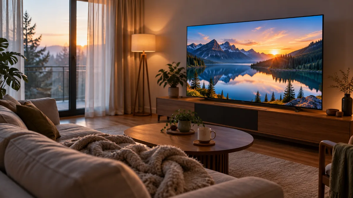 Living gol în lumina dimineții, cu un televizor OLED rămas pornit pe aceeași imagine statică a unui lac de munte, o pătură pe canapea și o cană pe masă