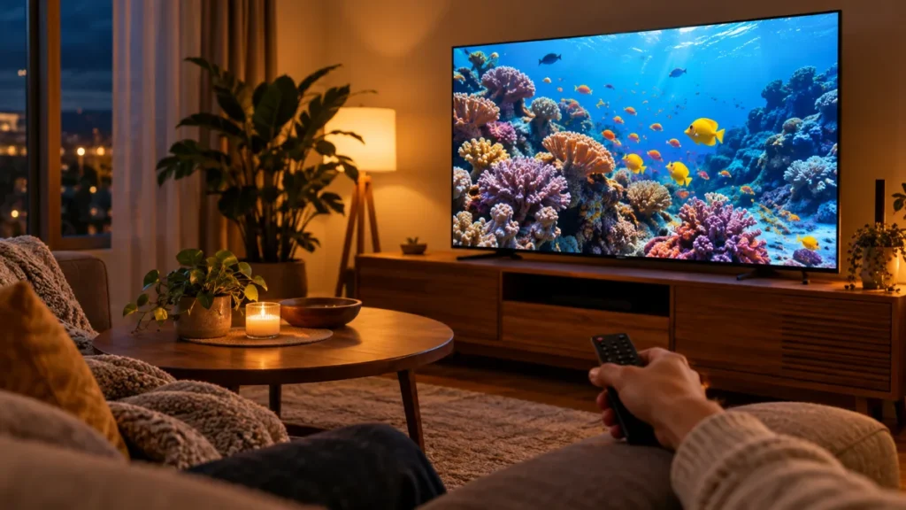 Living luminat cald seara, cu un televizor OLED subțire pe o consolă de lemn care afișează un recif de corali și o mână care ține telecomanda în prim-plan