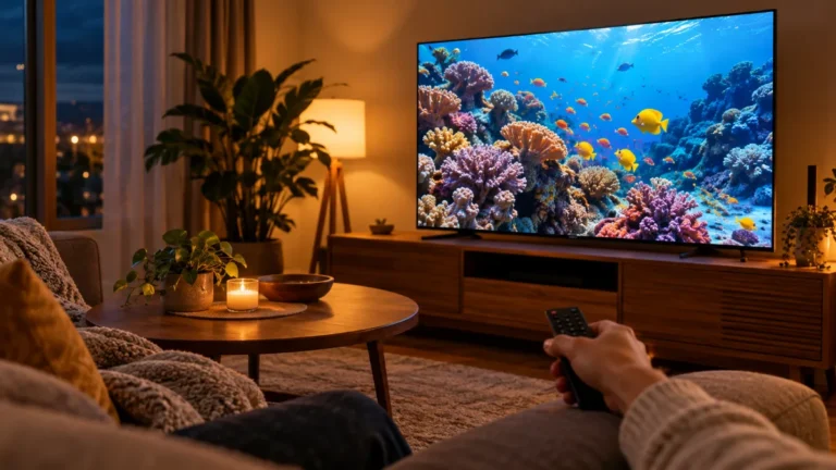 Living luminat cald seara, cu un televizor OLED subțire pe o consolă de lemn care afișează un recif de corali și o mână care ține telecomanda în prim-plan