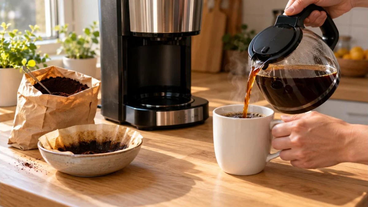 O mână toarnă cafea la filtru dintr-o carafă de sticlă într-o cană albă, lângă o cafetieră pe un blat de lemn, cu o pungă de cafea măcinată și un filtru de hârtie folosit