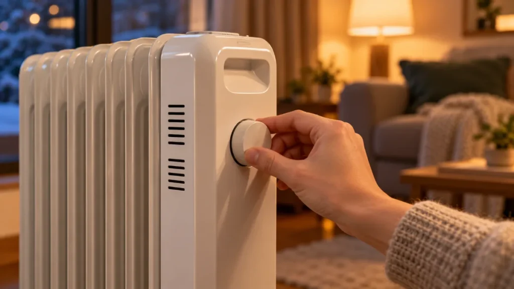O mână care rotește butonul termostatului de pe un calorifer electric cu ulei alb, fără marcă, într-o cameră caldă, seara