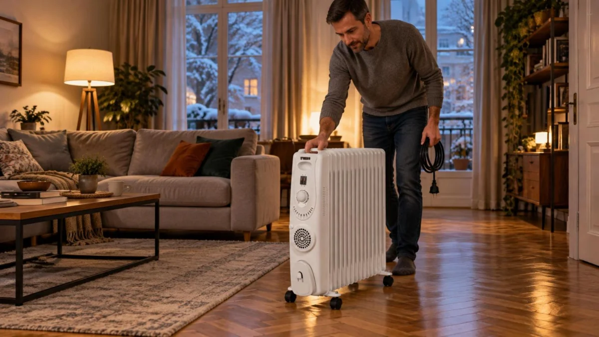 Bărbat care mută un calorifer electric cu ulei alb, pe roți, ținându-l de mâner, într-un living mare cu parchet în spic