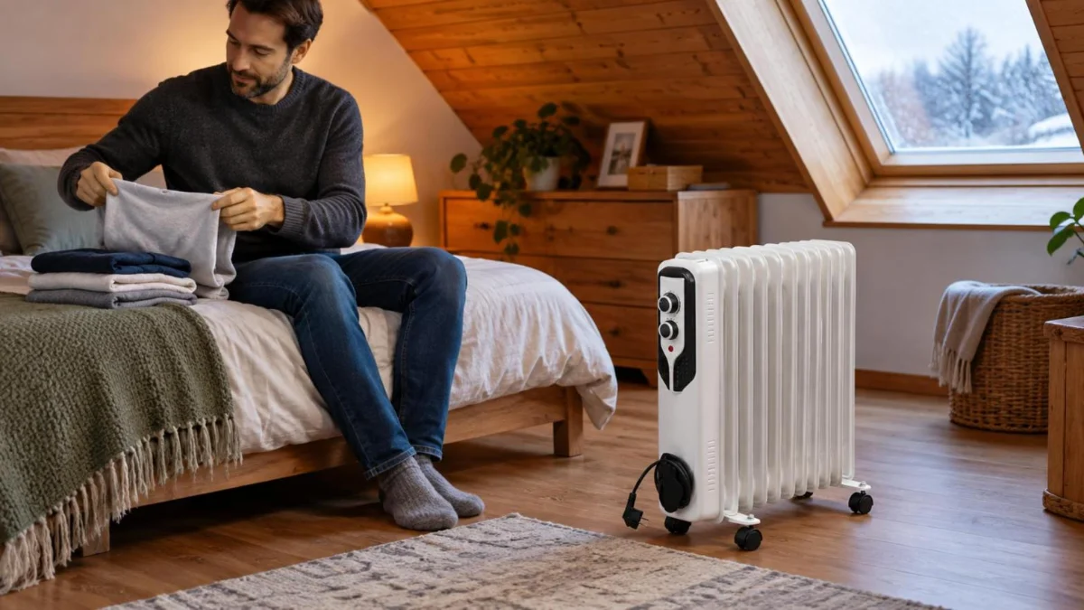 Calorifer electric cu ulei alb, pe roți, lângă patul dintr-un dormitor la mansardă, în timp ce un bărbat împăturește haine