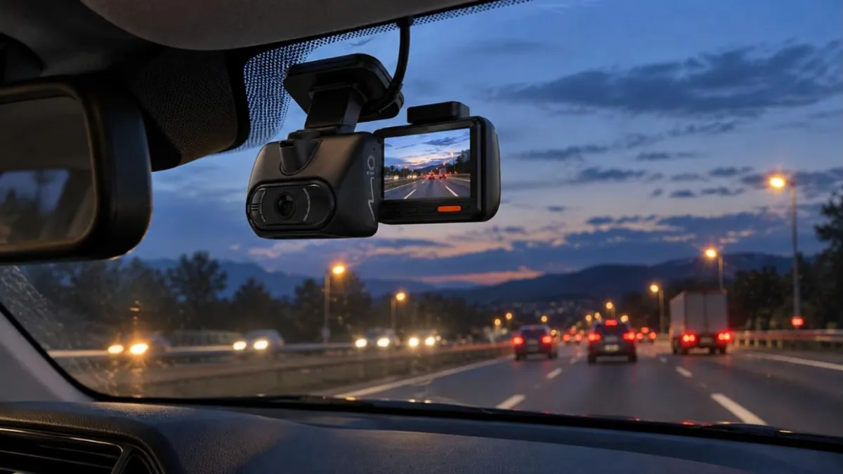 Cameră auto cu ecran, montată pe parbriz, seara, pe o autostradă cu faruri și stopuri aprinse