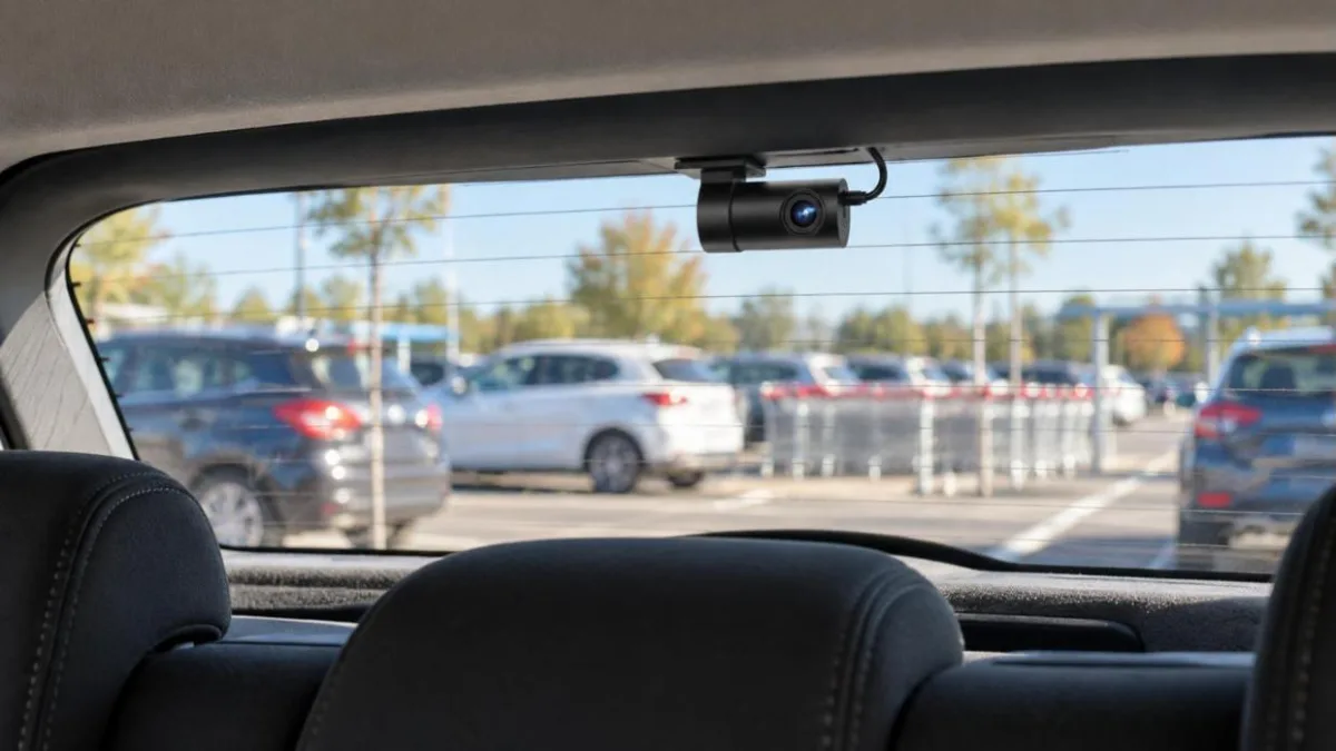 Cameră auto mică de lunetă montată pe geamul din spate al unei mașini de familie, într-o parcare de supermarket