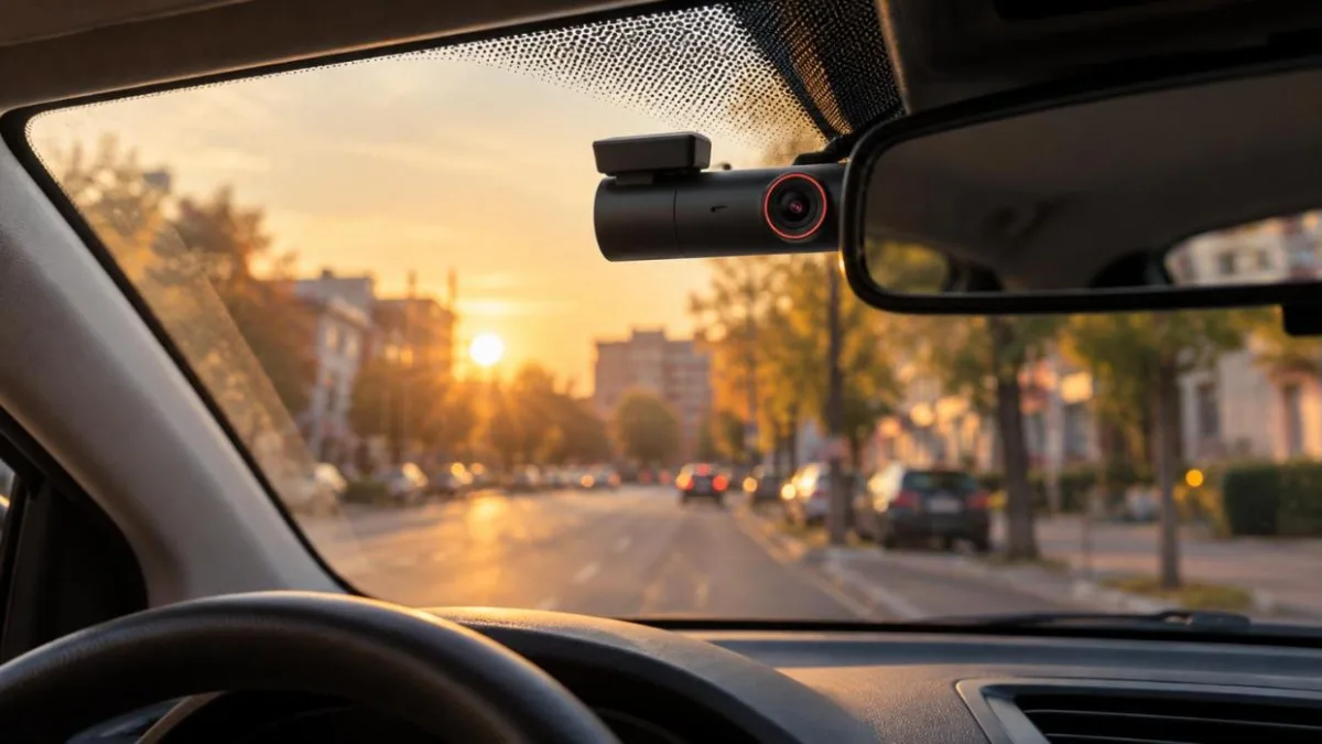 Cameră auto mică montată în spatele oglinzii retrovizoare a unei mașini de oraș, pe o stradă la apus