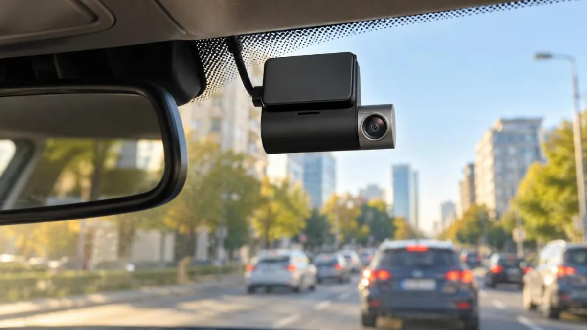 Cameră de bord mică montată sus pe parbriz, lângă oglinda retrovizoare, dimineața, pe o stradă de oraș cu trafic