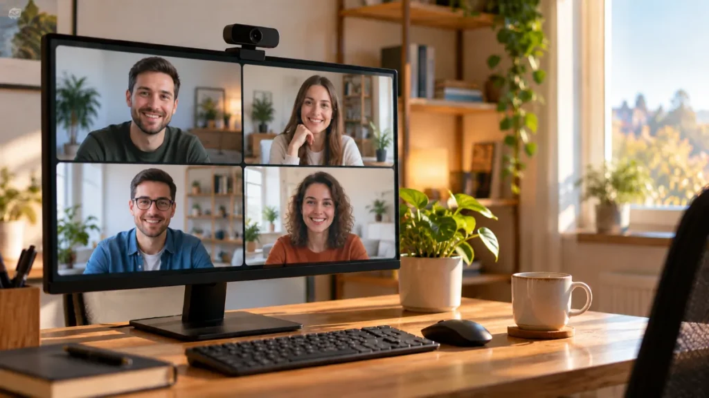 Ilustrație generată cu IA: o cameră web generică montată pe un monitor cu un apel video, pe un birou de acasă