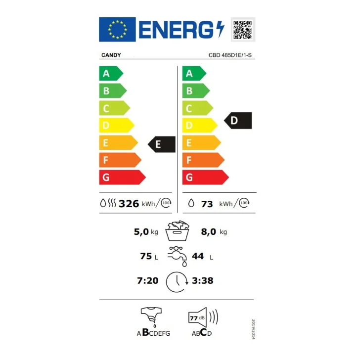 Mașina de spălat rufe cu uscător incorporabilă Candy CBD 485D1E/1-S, albă, văzută din față