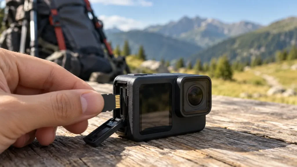 O mână introduce un card microSD negru, fără inscripții, în slotul lateral al unei camere de acțiune negre fără marcă, pe o masă de lemn, cu munții în fundal