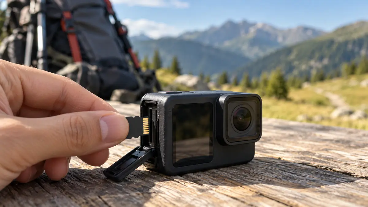 O mână introduce un card microSD negru, fără inscripții, în slotul lateral al unei camere de acțiune negre fără marcă, pe o masă de lemn, cu munții în fundal