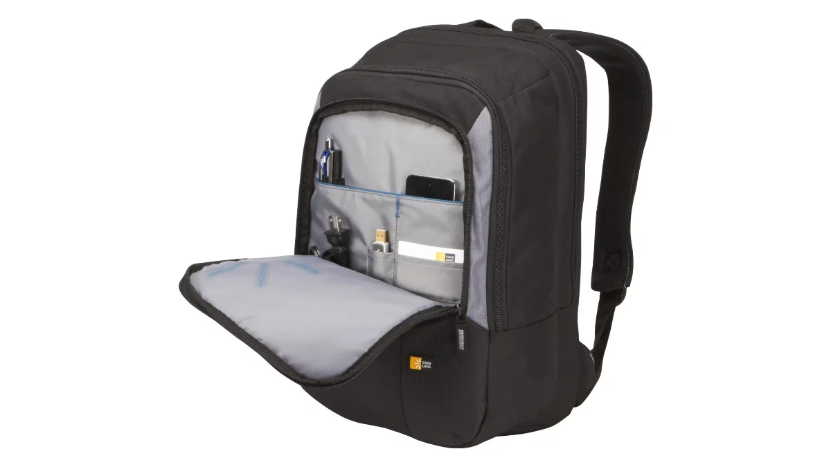 Rucsacul de laptop Case Logic VNB217 de 17 inchi, negru, cu compartimentul principal deschis și panoul de organizare la vedere