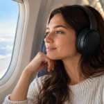 Femeie lângă hublou în avion, cu căști over-ear negre cu anulare de zgomot