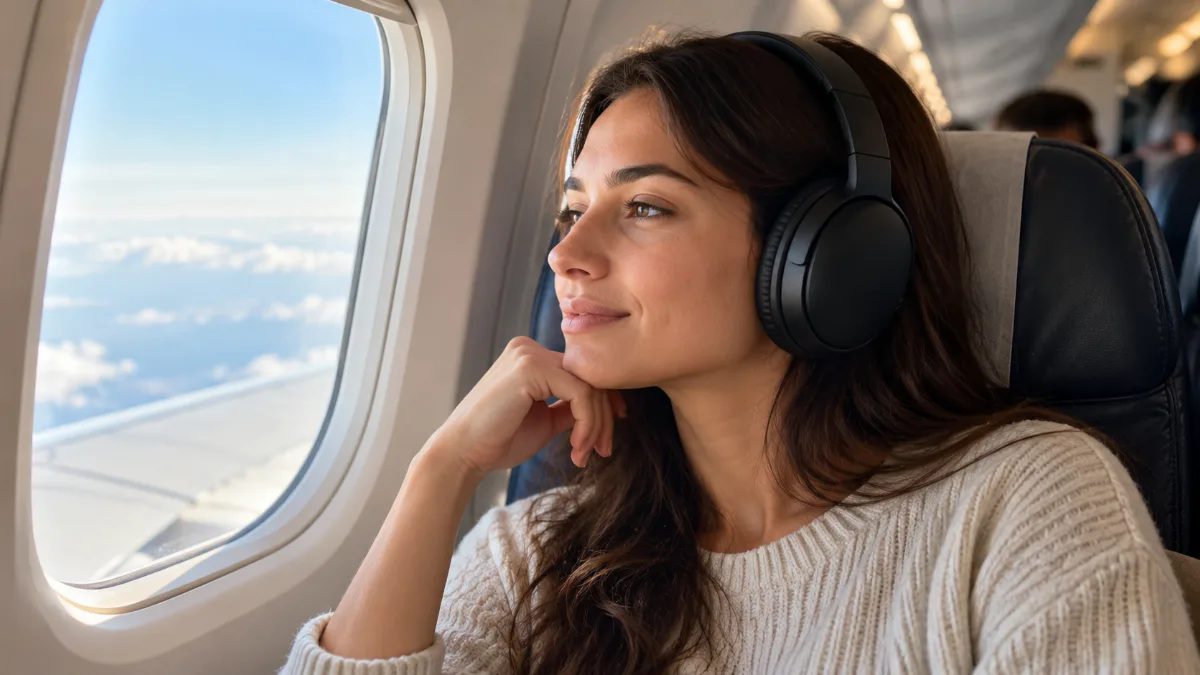 Femeie lângă hublou în avion, cu căști over-ear negre cu anulare de zgomot