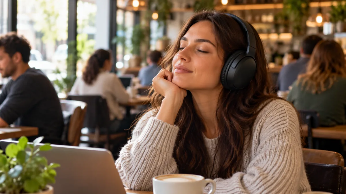Femeie cu ochii închiși într-o cafenea aglomerată, cu căști over-ear negre