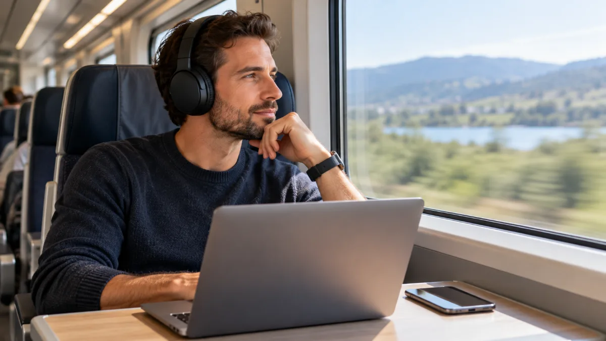 Bărbat în tren cu căști over-ear negre, cu laptopul și telefonul pe măsuță