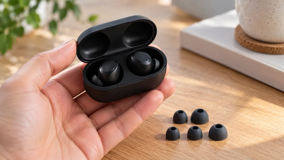 Mână care ține cutia deschisă a unor căști in-ear negre, cu dopuri de rezervă pe masă