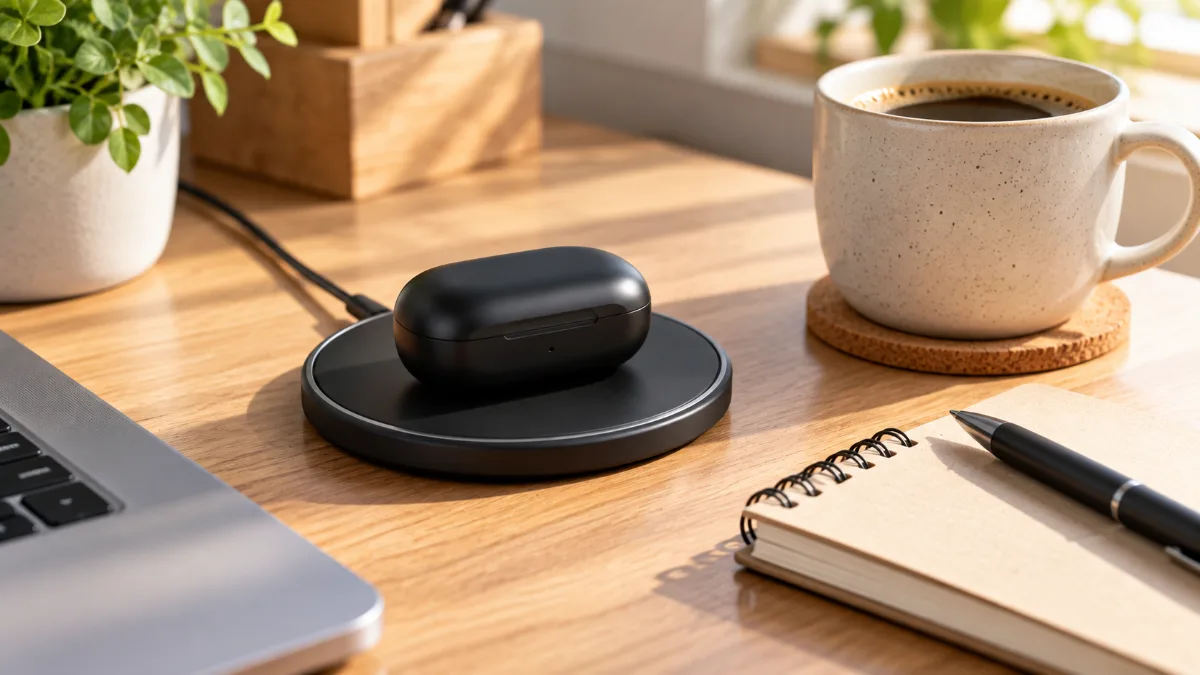 Cutie neagră de căști in-ear pe un încărcător wireless rotund, pe birou