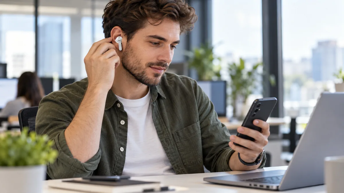 Bărbat la birou care își potrivește în ureche o cască true wireless albă și se uită la telefon