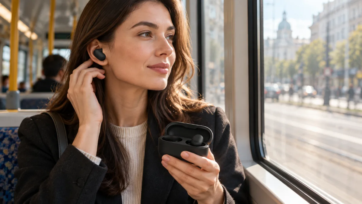 Femeie în tramvai care își pune în ureche o cască true wireless neagră, cu carcasa deschisă în mână
