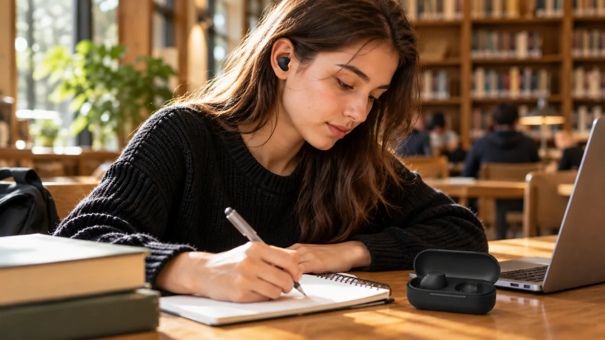 Studentă care scrie într-o bibliotecă, cu o cască true wireless neagră în ureche și carcasa deschisă pe masă